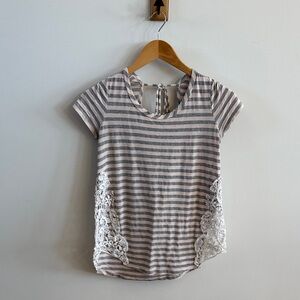 🌸 Blush & Charcoal Striped Tee with Lace Accents
Size XS